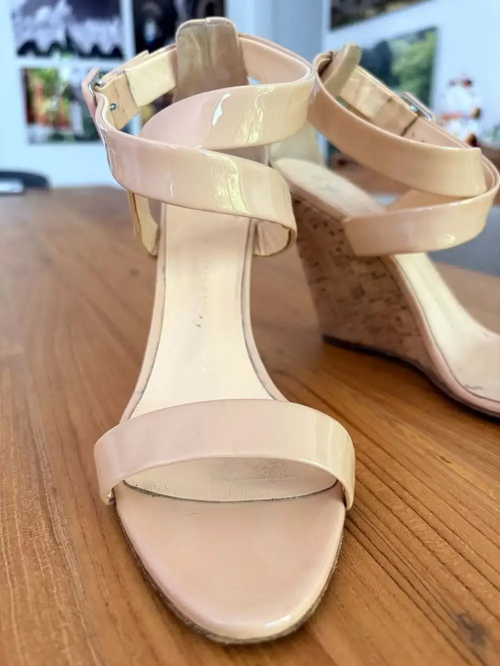 Giuseppe Zanotti Design Beige Patent Leather Cork Wedge Sandals